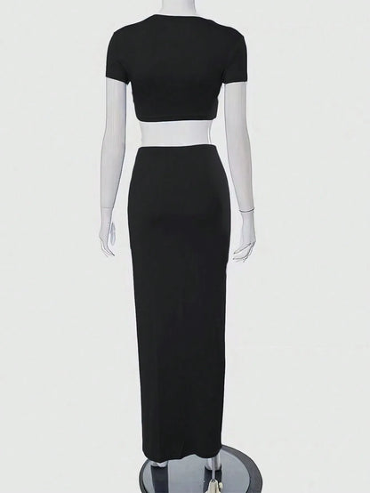 Conjunto Feminino Slim Fit 2 Peças – Cropped de Manga Curta e Saia Longa, Casual Básico