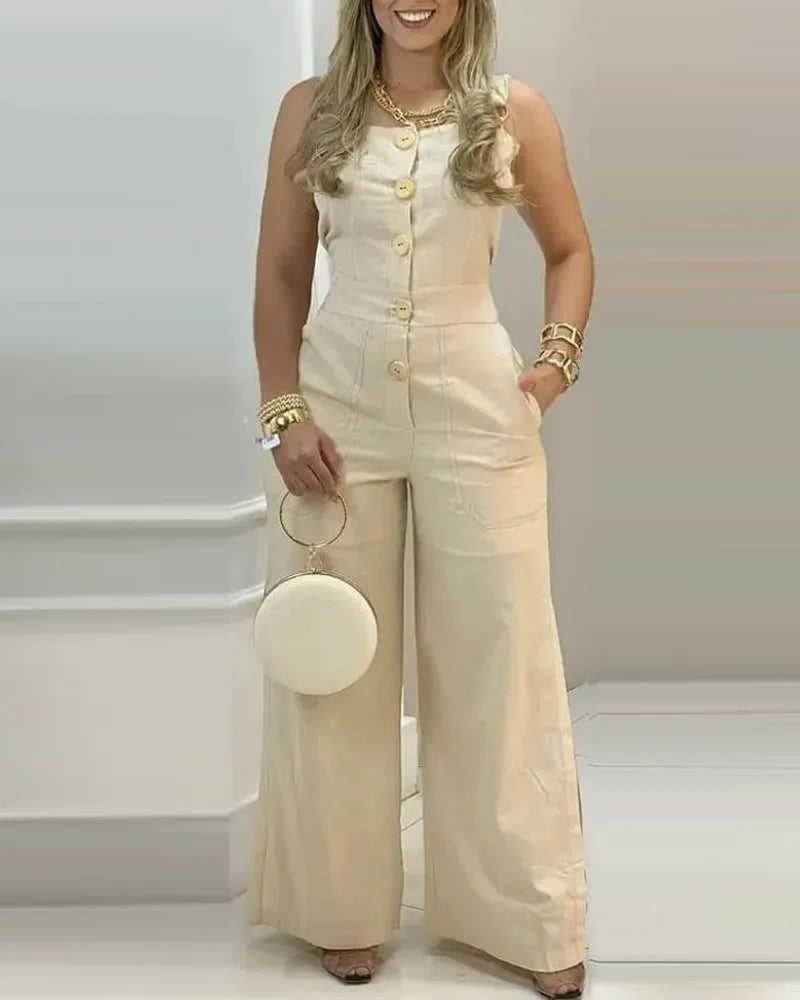 Macacão Feminino de Verão com Pernas Amplas – Botões Frontais, Decote Quadrado, Sem Mangas, com Bolsos e Alças (Estilo Casual)