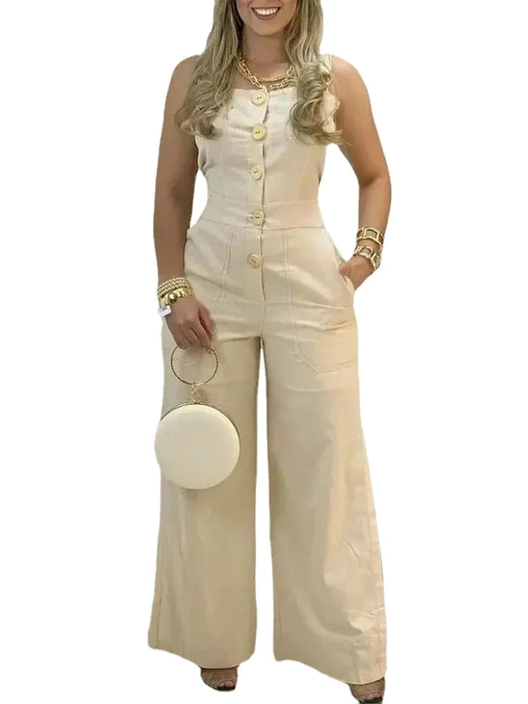 Macacão Feminino de Verão com Pernas Amplas – Botões Frontais, Decote Quadrado, Sem Mangas, com Bolsos e Alças (Estilo Casual)