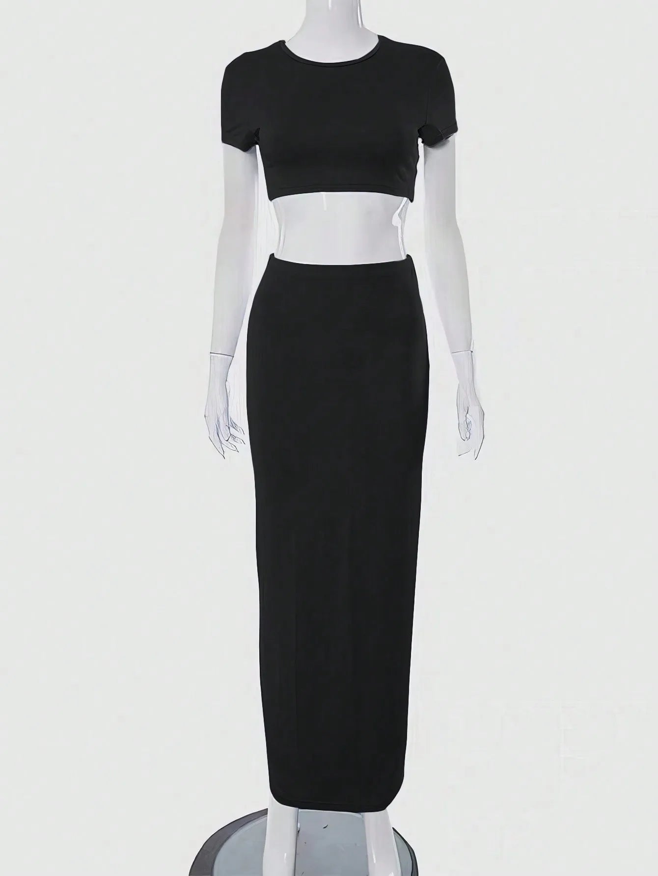 Conjunto Feminino Slim Fit 2 Peças – Cropped de Manga Curta e Saia Longa, Casual Básico