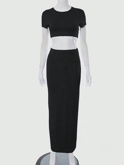 Conjunto Feminino Slim Fit 2 Peças – Cropped de Manga Curta e Saia Longa, Casual Básico