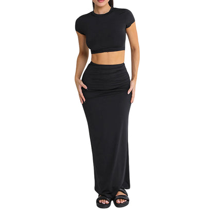 Conjunto Feminino de Verão em Duas Peças – Cor Lisa, Cropped de Manga Curta e Saia Longa